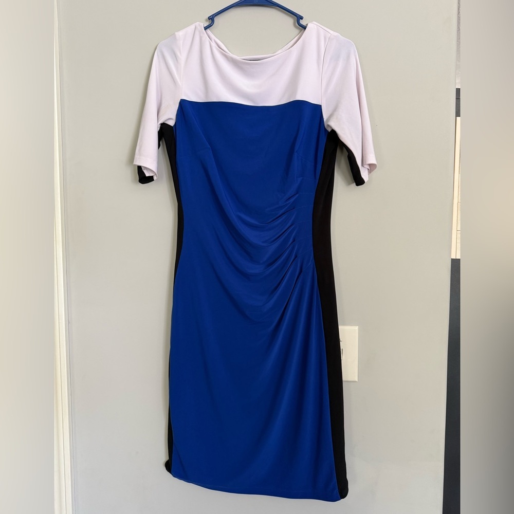 Kasper Blue, White & Black Panel Midi Dress